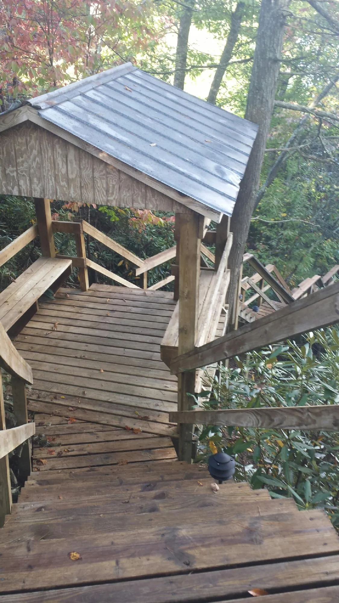 Metal roofed shelter over wooden steps on a wooded walkway — Skylight Repair & Installation work by our crew in Rutledge
